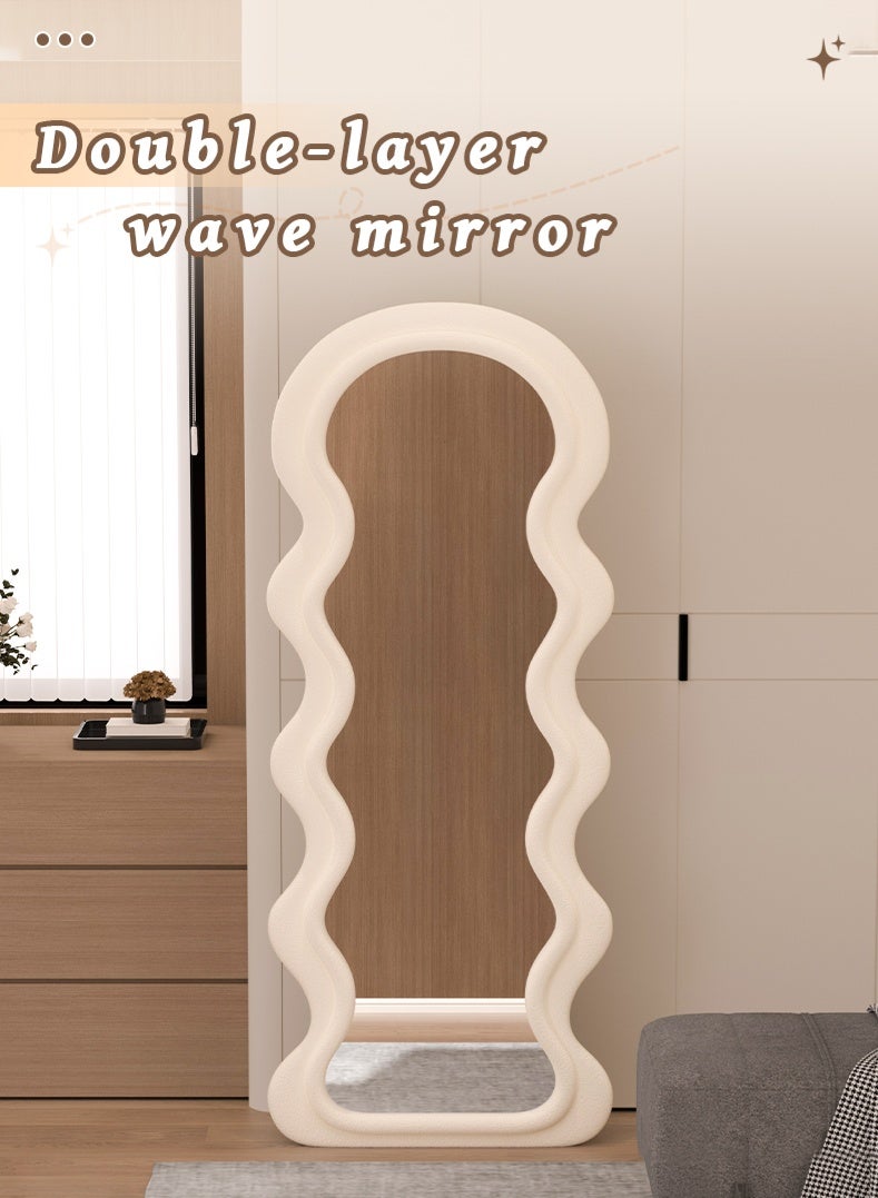 Double-Layer Wave Full Length Mirror, Cream Style Floor Mirror with Foldable Stand for Bedroom & Dressing Room, White - Image 5
